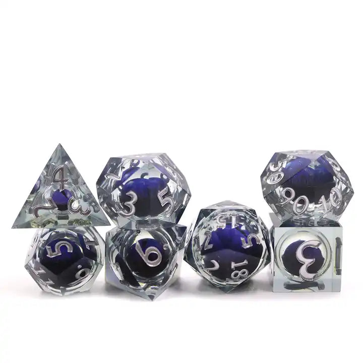 Purple dragon eye sharp edge TTRPG dice set for roleplaying games and dice goblin collectors