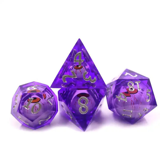 Purple Eye Liquid Core TTRPG dice set for role playing games and dice goblin collectors