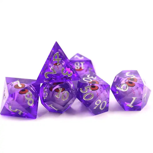 Purple Eye Liquid Core TTRPG dice set for role playing games and dice goblin collectors