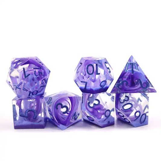 Petri sharp edge dice, purple vapor dice, TTRPG, role playing, role playing games