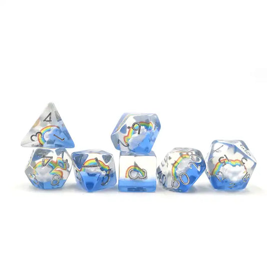 Rainbow and cloud inclusions TTRPG, DND dice set, role playing, role playing games