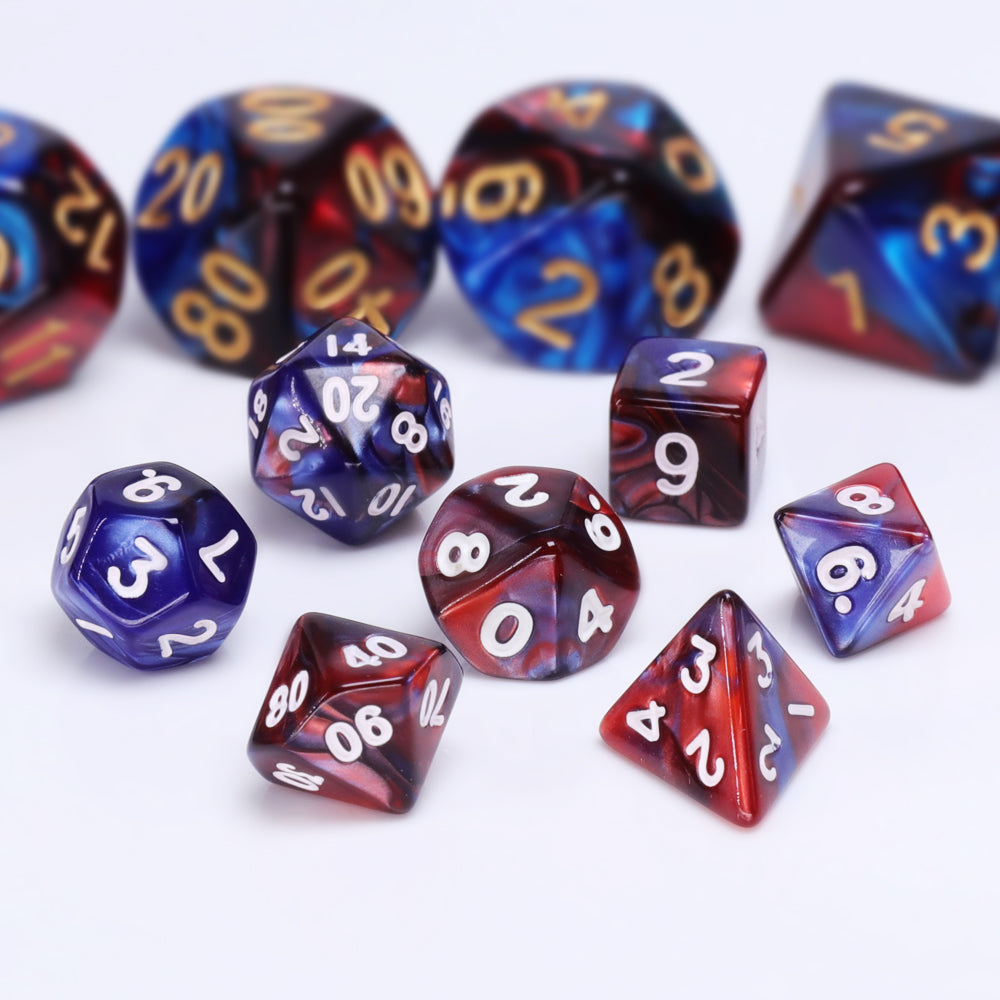 Red and blue HD mini DnD dice set, dnd dice, dice goblins, TTRPG, role playing, role playing game