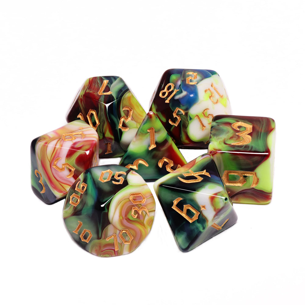 Multi-coloured marbled, swirled d&d dice set, DND dice set, dice goblins