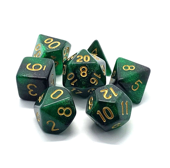 Galaxy black and green dnd dice set, rpg dice, for role playing games, dice goblin and critical critters